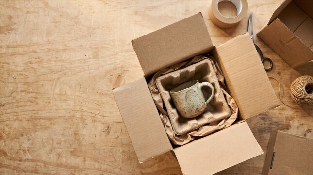 Ceramic mug packed in recyclable shipping materials