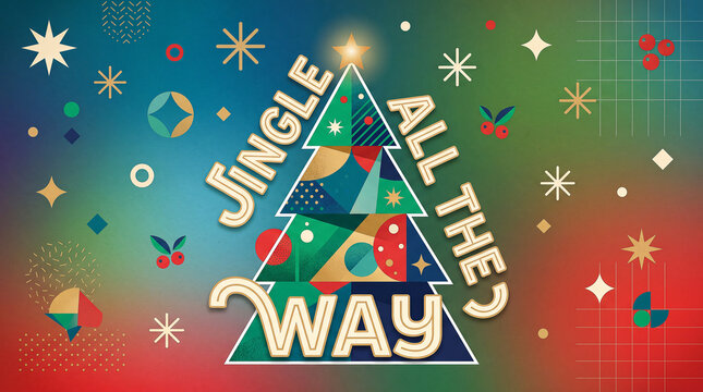 jingle all the way bold text wrapping around modern minimalist christmas tree flat layout festive geometric shapes gradient background holiday typography art print decoration