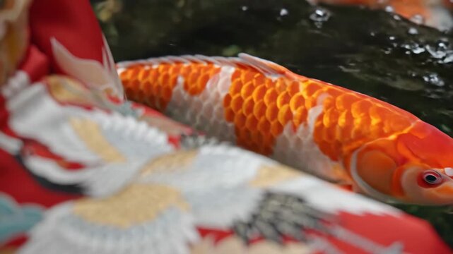 Traditional Japanese Kimono Silk Embroidery with Vibrant Koi Fish Swimming in Pond Background
