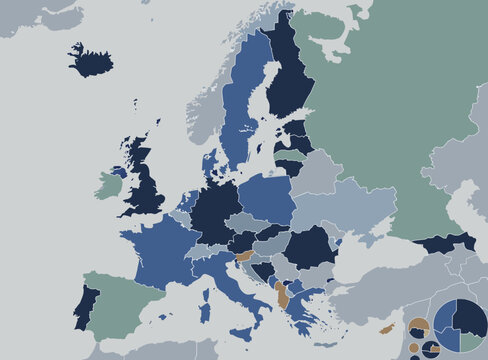 Blue shaded political map of Europe with countries displayed in varying tones highlighting national borders regional divisions and continental geography reference generated ai