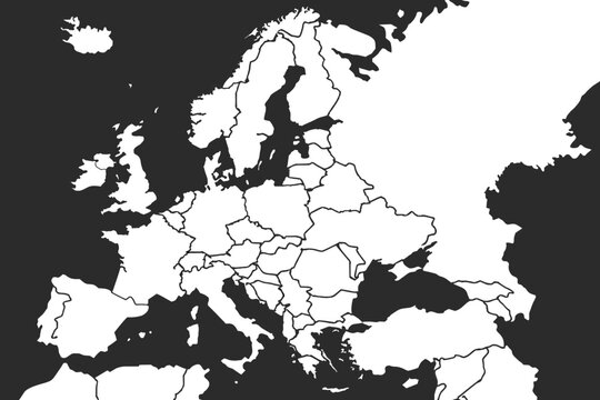 Black and white political map of Europe displaying national borders and country outlines in minimalist monochrome design for geography education atlas reference generated ai