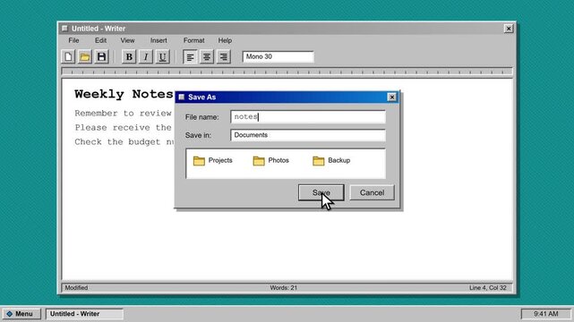 Computer interface shows a retro word processor program with a save as dialog box overlaying document text.