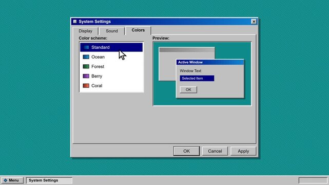 Retro vintage computer desktop user interface mockup displaying system settings window with color scheme options