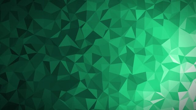 Emerald crystal triangles shifting smoothly, creating an elegant geometric background with shining light facets