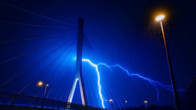 Bright lightning strikes flashing over a cable stayed bridge at night