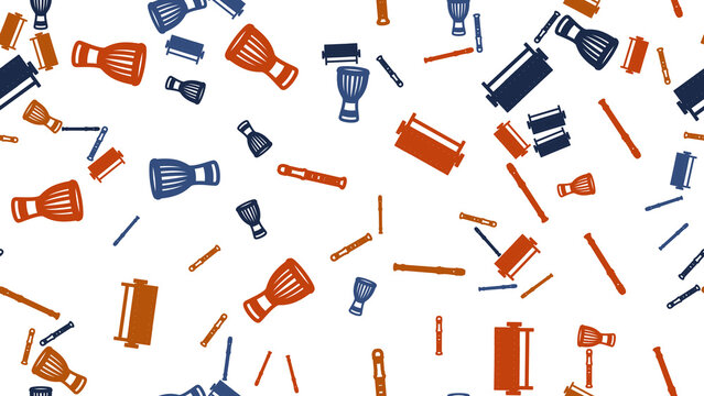 Seamless pattern of musical instruments and film rolls