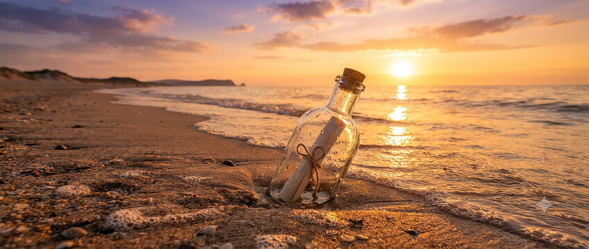 Message in a Bottle Resting on Wet Sandy Beach during Golden Sunset Evening