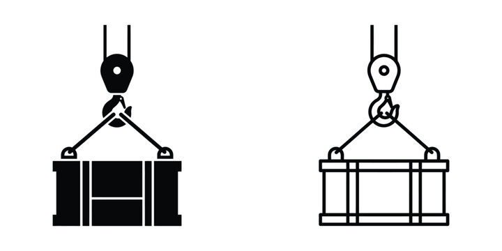 Heavy machinery lifting large wooden crate and metal grid container with industrial crane hook system