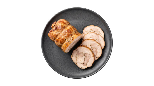 Sliced roasted rolled turkey breast on a dark plate on a transparent background