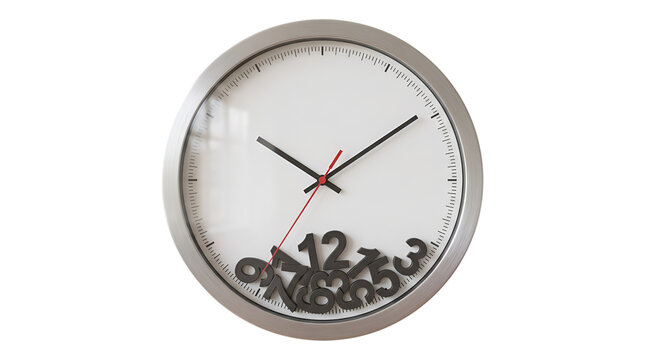 D rendered surreal wall clock with a thick brushed metal frame, white dial, black hands, a thin red second hand, and fallen black numbers pooled at the bottom inside representing past lost time