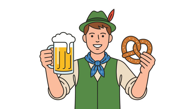 Illustration of a smiling man in traditional Bavarian attire with a green Tyrolean hat and vest, holding a foaming glass of beer and a salted pretzel isolated on a white background.