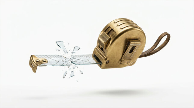 Brass Tape Measure with Shattering Glass Ruler Blade Floating on Pure White Background, Surreal Business Risk and Flawed Metrics Concept