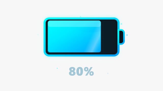 Glowing blue battery charging icon animation showing eighty percent power level on white background