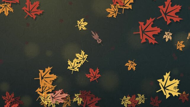 Maple leaves in paper cut style falling, flipping and piling up, autumn background