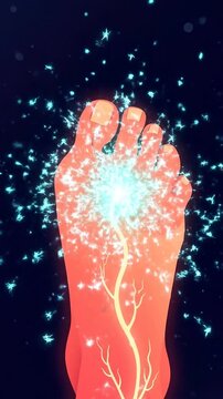 Nerve releasing pressure and waking a numb foot, glowing nerve signals animation
