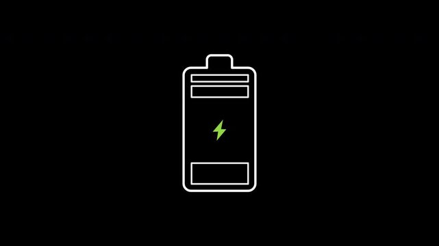 Battery energy storage icon animation on transparent background showing electric lightning bolt with trim paths in and out. Renewable power accumulator cell, and clean sustainable technology idea.