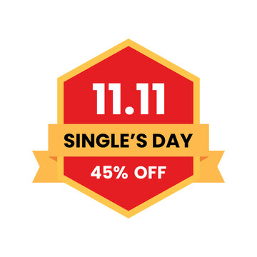 11.11 Single's Day 45 Percent Off Sale Badge Featuring Red Hexagon Frame Yellow Ribbon Promo Discount E Commerce Tag Vector