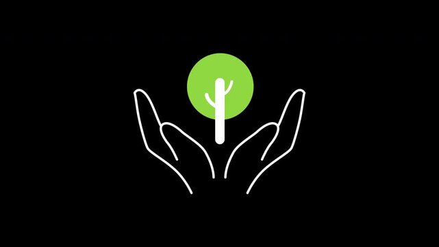 Forest conservation icon animation on transparent background showing protective hands holding tree with trim paths in and out. Sustainable ecology woodland preservation, and nature concept idea.