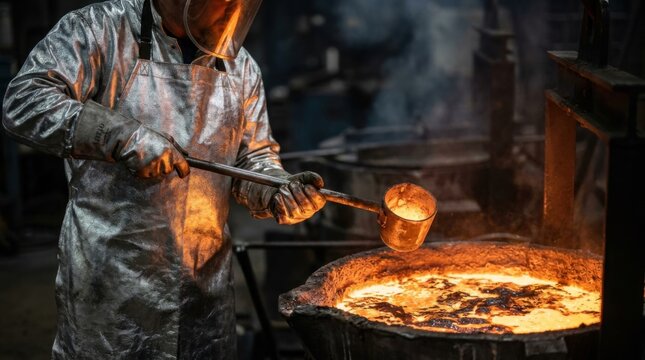 Foundry metallurgist in aluminized apron holding steel sampling ladle over crucible of glowing molten copper.