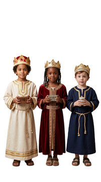 Three children dressed as Magi holding gifts in royal costumes  