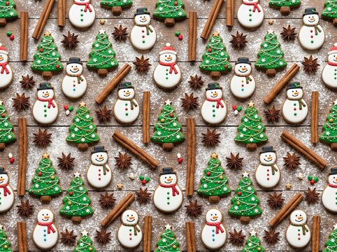 Seamless Christmas Pattern with Gingerbread Snowmen, Pine Trees. homemade holiday baking, festive culinary sweets, festive recipe blogs, traditional Christmas desserts, and cozy winter kitchen