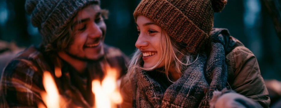 Happy young couple enjoying a campfire in a winter forest at night  