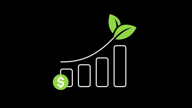 ESG economic growth icon animation on transparent background showing bar chart with dollar coin and sprouting plant with trim paths in and out. Sustainable financial market investment concept idea.