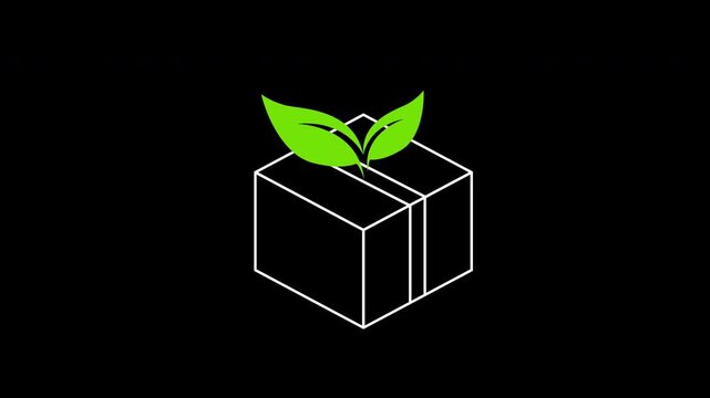 Sustainable packaging icon animation on transparent background showing cardboard delivery box with sprouting leaves and trim paths in and out. Eco friendly biodegradable parcel system concept idea.