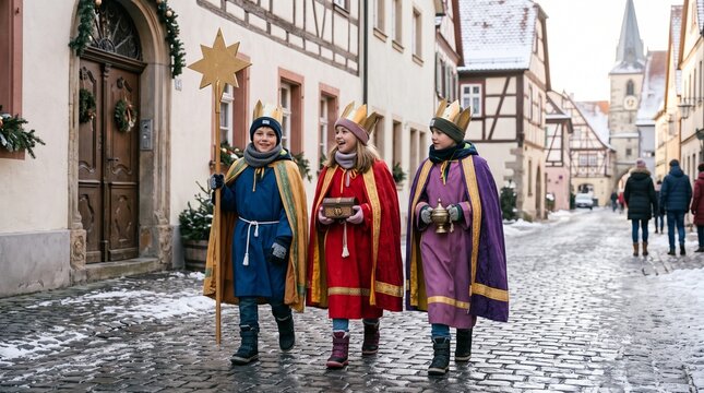 Children dressed as kings walking in a snowy street during winter  
