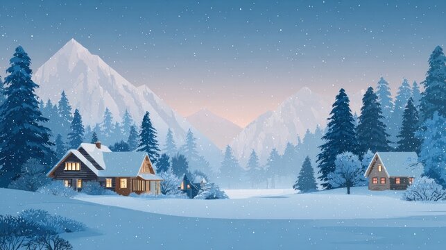 Illustration of a winter Christmas scene landscape