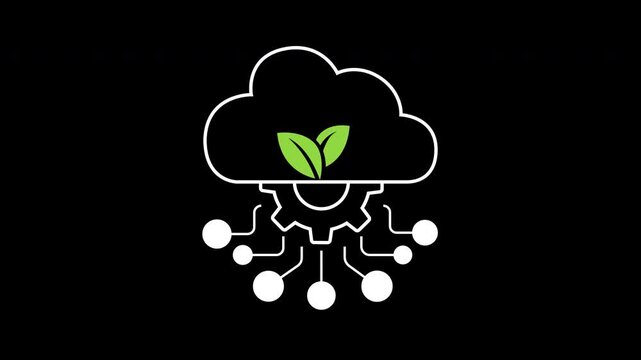 Clean technology icon animation on transparent background showing an eco leaf cloud with gear and circuit nodes with trim paths in and out. Sustainable clean computing infrastructure concept idea.