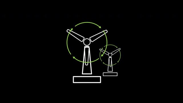 Wind turbine clean energy icon animation on transparent background showing electric windmill generator and airflow with trim paths in and out. Sustainable renewable kinetic power technology idea.