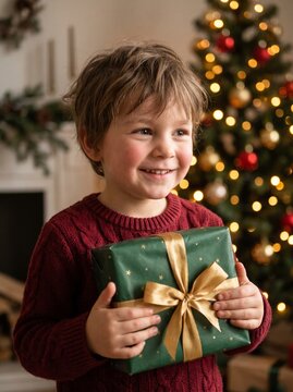 Young boy smiling and holding a green gift box in a cozy room  