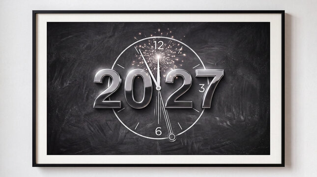 minimalist clock face striking midnight behind glossy 2027 numbers with tiny radial burst sparks and slender pendulum lines on crisp chalk backdrop for modern wall art display print