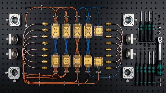 Silicon photonics development flat lay on black anodized breadboard with optical fiber cables, gold wire bond packages, collimating lens mounts, SMA coaxial connectors, and hex tools.