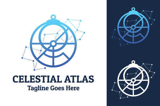 Modern Astrolabe instrument with star constellation map for astronomy navigation science antique geography space research logo design