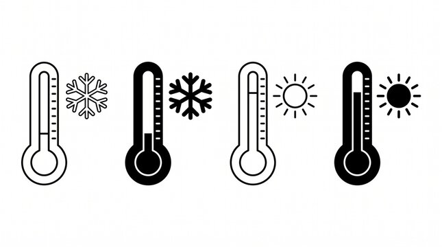 A set of four minimalistic weather temperature icons aligned horizontally in a clean row on a plain white background. The vector line icons represent hot and cold temperature measurements, each displa