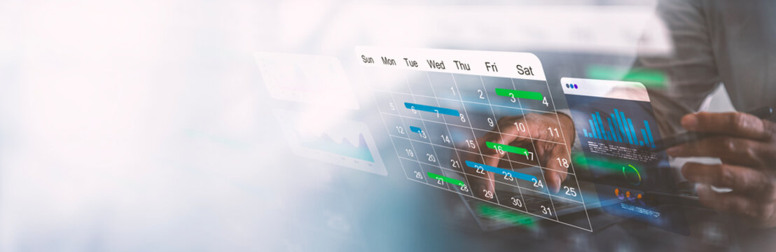 Online Calendar and Event Scheduling Banner with Businessman Planning Project Timelines on Laptop.