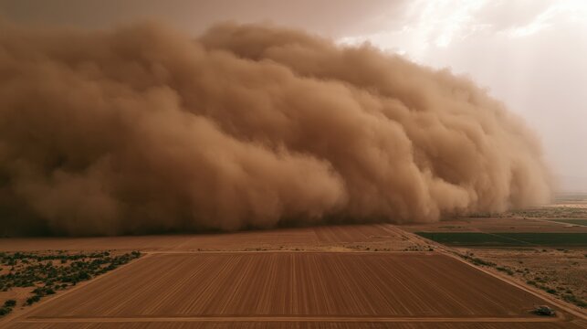 Massive dust storm wall advancing over farm fields, aerial view
