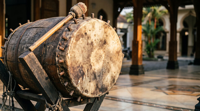 Traditional wooden bedug drum with mallet in mosque courtyard in warm afternoon light