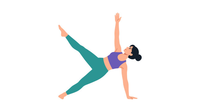 Vector illustration of a young woman in purple sports bra and teal leggings performing a side plank yoga pose with one leg and arm extended upwards, isolated on white background.