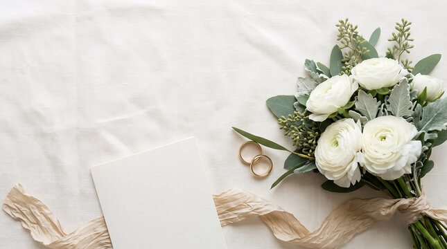 White Ranunculus Wedding Flat Lay with Gold Rings and Blank Card, Elegant Stationery Template