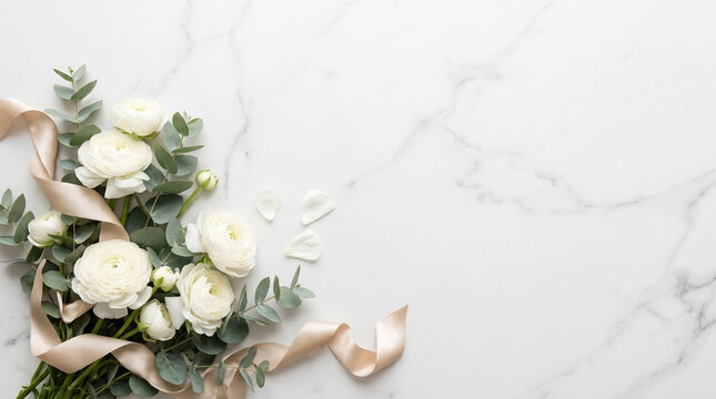 White Ranunculus Bouquet on Marble Surface with Silk Ribbon, Elegant Wedding Invitation Background for Luxury Stationery Design