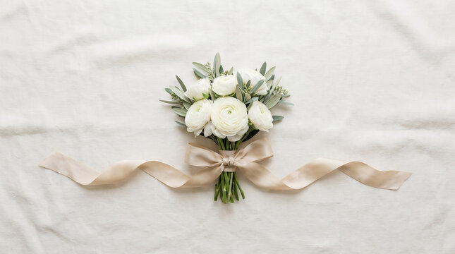 Small White Ranunculus Bouquet with Olive Branches on Linen, Elegant Wedding Stationery Background for Invitation Design