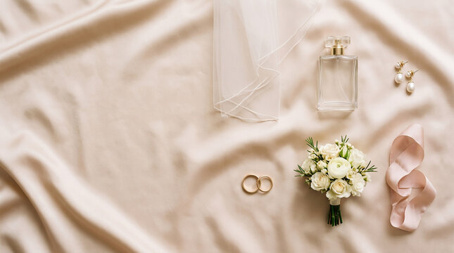 Elegant Bridal Flat Lay with Wedding Rings, Veil, and Jewelry on Champagne Silk, Luxury Wedding Concept