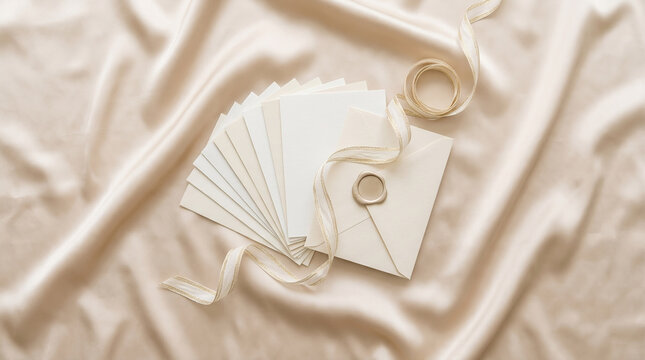 Blank Stationery Invitation Suite with Gold Wax Seal on Champagne Silk, Elegant Wedding Mockup Template
