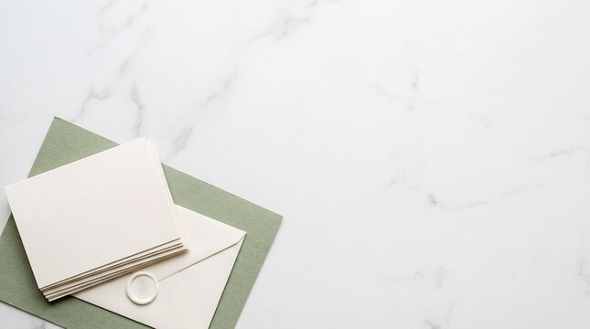 Blank Stationery Cards with Sage Green Envelope and Wax Seal on Marble, Minimalist Wedding Invitation Template