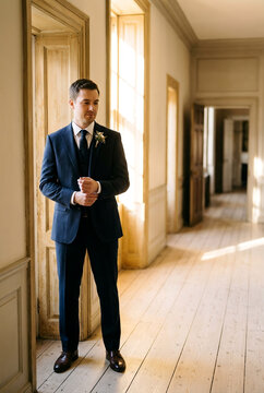 Groom Adjusting Cufflinks in Navy Suit, Elegant Wedding Morning Preparation Concept
