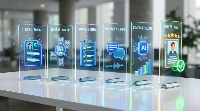 Ai recruitment funnel stages on futuristic glass panels on an office desk