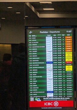 Buenos Aires, Argentina - October 11, 2026: Flight Information Display Board at Buenos Aires Aeroparque